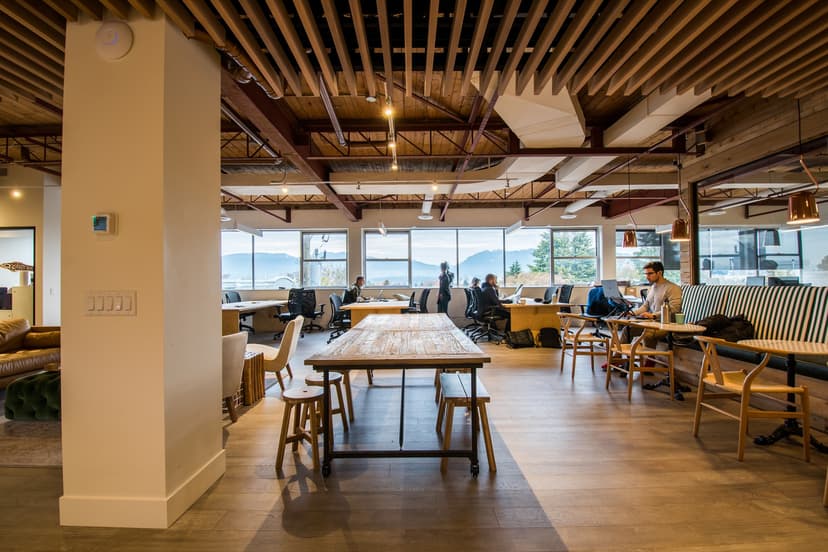 Spacious office with mountain views and collaborative work zones